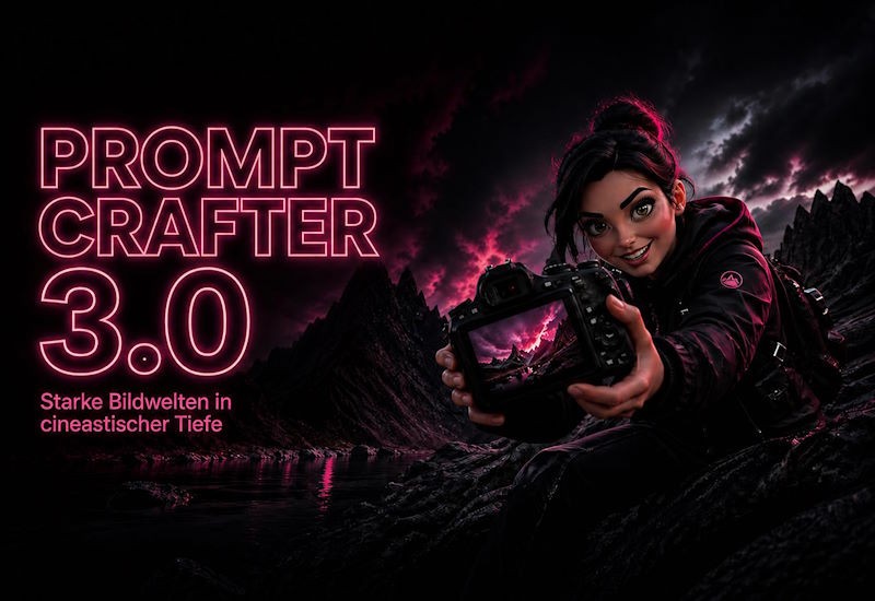 PromptCrafter 3.0 Motivbild mit Kamera und leuchtendem Titel